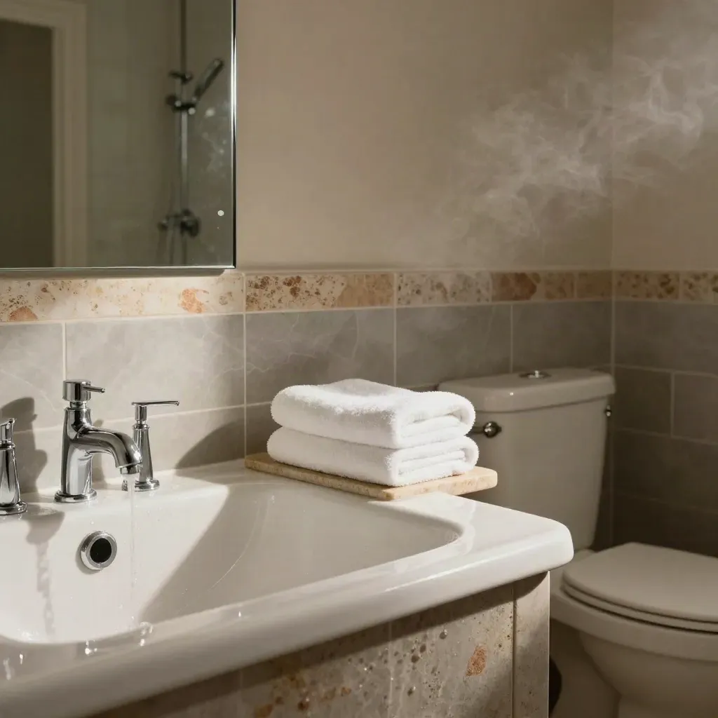 Spotless bathroom with tub, mirror, chrome fixtures, towels, and closed toilet lid in warm daylight.