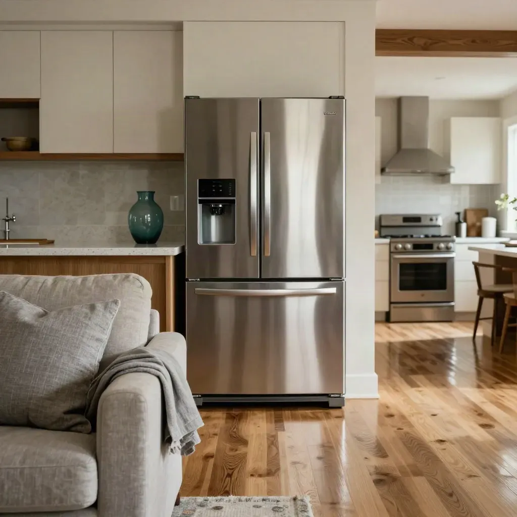 Staged living room and kitchen with gleaming floors, stainless appliances, and aligned pillows.