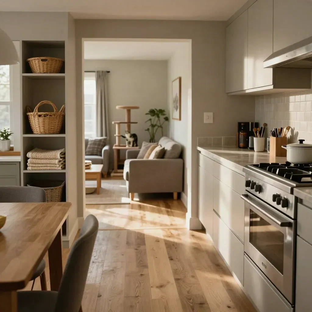 Clean family kitchen with toy basket, folded throws, and soft morning light