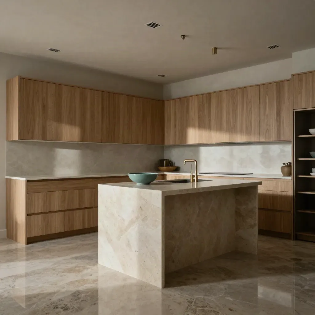 Remodeled kitchen with centered island, polished floors, clean cabinets, and moody raking light.