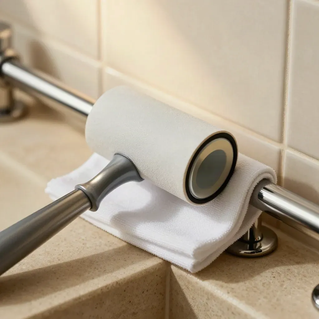 Lint roller sleeve, inspection mirror and white cloth on a chrome rail in a bright bathroom close-up.