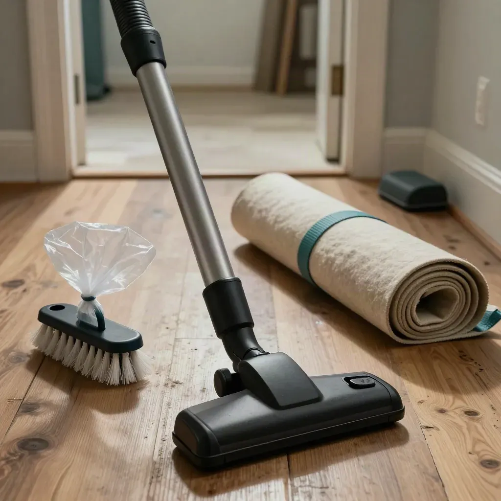 Vacuum nozzle, grout brush, bag tie, blanket, and doorstop on an empty apartment floor