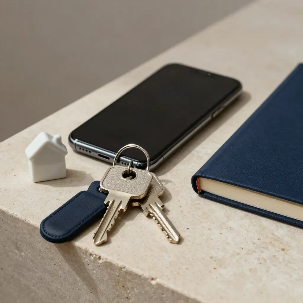 House keys, blank phone, ceramic house token and closed notebook on pale stone in soft side light