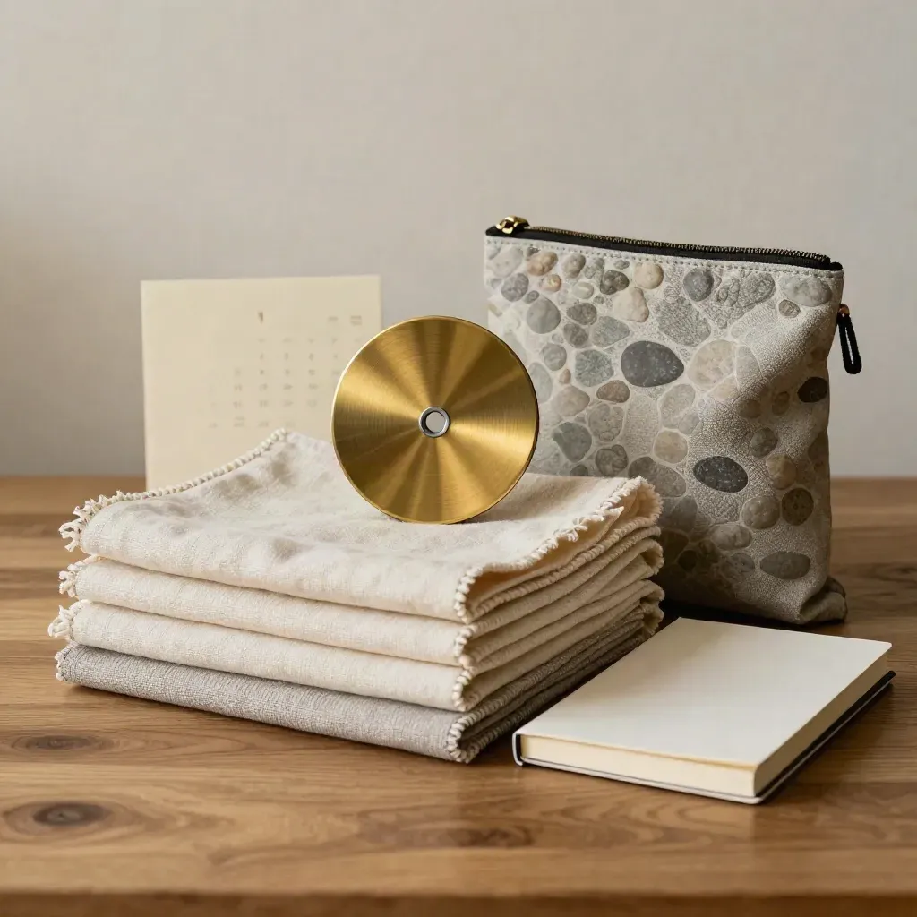 Linen swatches, brass disc, notebook, and reusable pouch on warm oak with soft daylight.