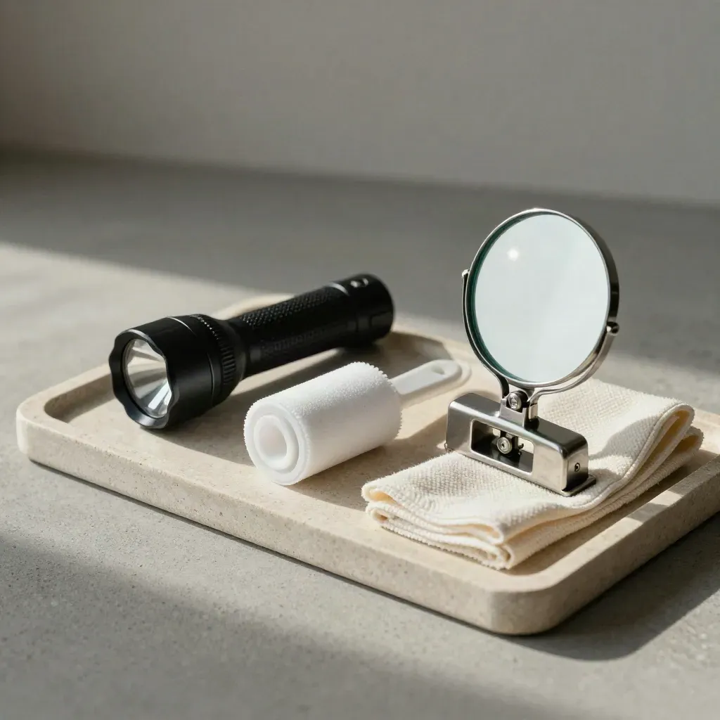 Flashlight, lint roller, cloth, mirror, and door latch on a stone tray.